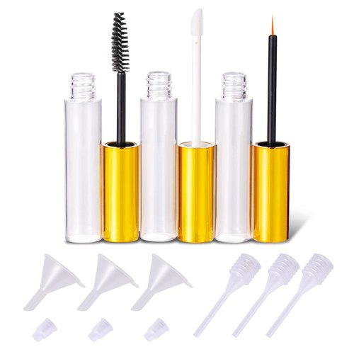 Ideal Swan 10ml Empty Mascara Tube Eyeliner Cream Container Bottle, Lip Gloss Bottle with 3 Piece Funnel & Rubber Inserts for Castor Oil Golden (Set 03)