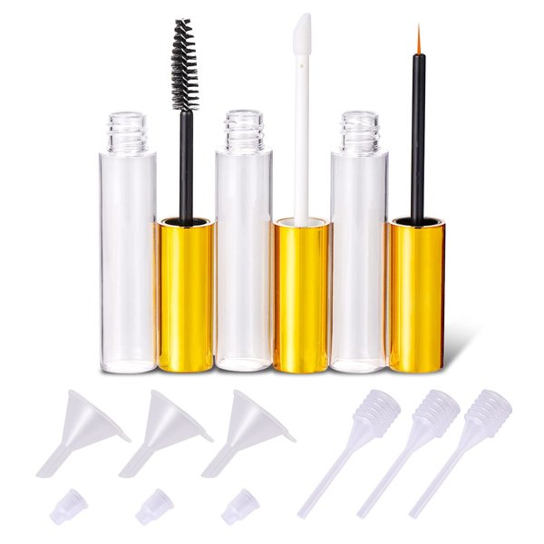 Ideal Swan 10ml Empty Mascara Tube Eyeliner Cream Container Bottle, Lip Gloss Bottle with 3 Piece Funnel & Rubber Inserts for Castor Oil Golden (Set 03)