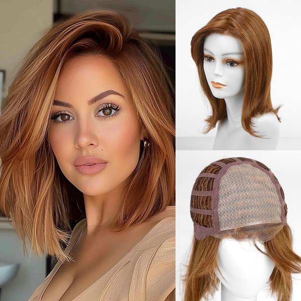 DWY Mono Top Lace Front Wig for Women,Ginger Glueless Wig for White Women,Heat Resistant Futura Synthetic Hair Classic Lob Layered Light Brown Wigs with Bangs(12IN)
