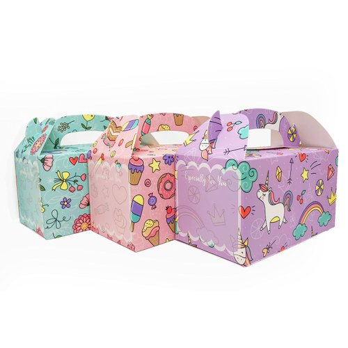 MintieJamie Handle Cardboard Treat Boxes 6.25 X 3.5 X 3.5 Inches, Pack of 12pcs Pastel Color Cute Birthday Boxes, Party Favor Gifting Gable Boxes