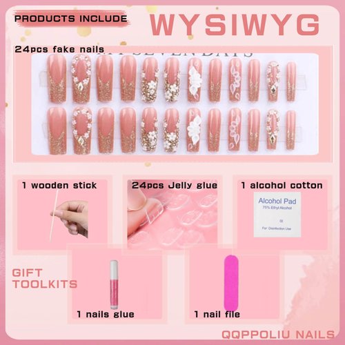 QQPPOLIU Press on Nails,Long Press on Nails Square,Long Nails,Long Fake Nails,Long Nails Press on，for Prom/Party/Holiday,Gift for Women (Rose Pink,with Flower and Rhinestones Design,French Tip)