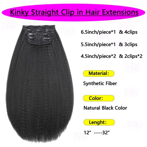 Kinky Straight Clip Ins Hair Extensions Natural Black for Black Women Full Head Yaki Kinky Straight Synthetic Hair 4Pcs 11 Clips 150g/Set (20 inch)