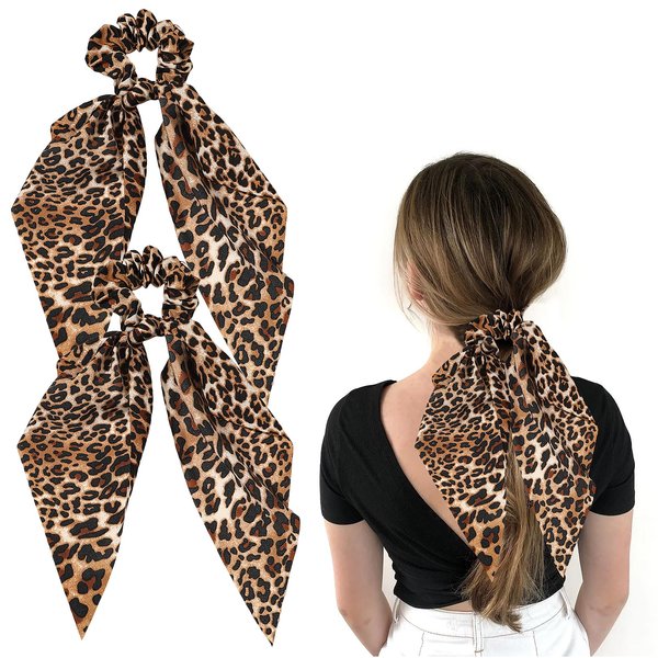 Leopard Hair Scarf Scrunchies for Women - 2Pcs Bow Scrunchies Knotted Bow Hair Ties Long Elastic Bands Satin Hair Ribbon Scrunchy Soft Ponytail Holders for Women Girls Gifts