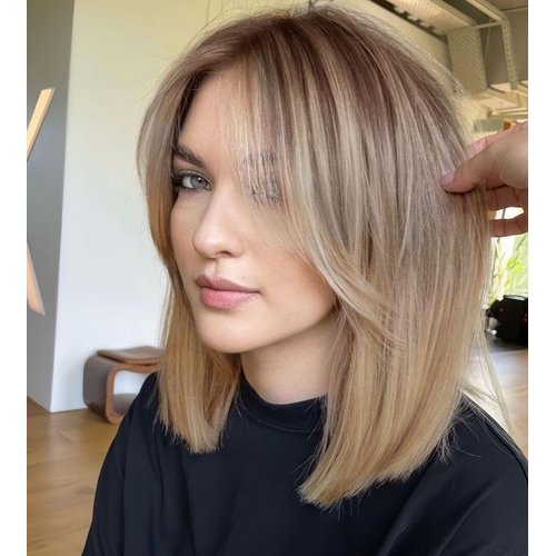 ALANHAIR Ombre Brown Blonde Wigs for Women Ash Blonde Wig with Curtain Bangs Shoulder Length Natural Synthetic Wig for Daily Use