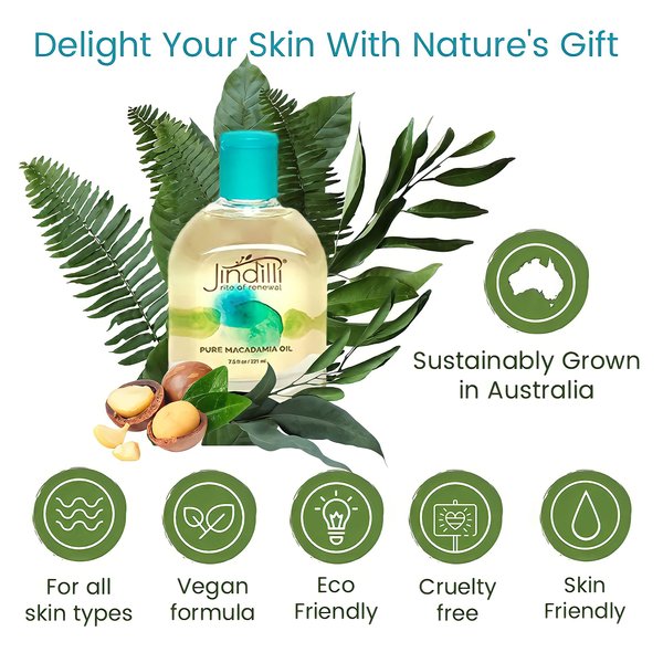 Jindilli - Pure Macadamia Oil for Hair and Skin | Cold-Pressed, Filtered, All-Natural, Vegan, Non-GMO, Hexane-Free, Cruelty-Free - Moisturizing and Nourishing Oil for Hair and Skin (7.5 oz)