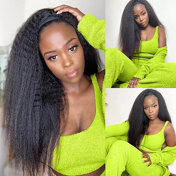Vanmast Headband Wig For Black Women Kinky Straight Headband Wigs Human Hair 16 inch Thick Yaki Straight Glueless Human Hair Wigs with Headband Brazilian Virgin Wear and Go Machine Made Wigs