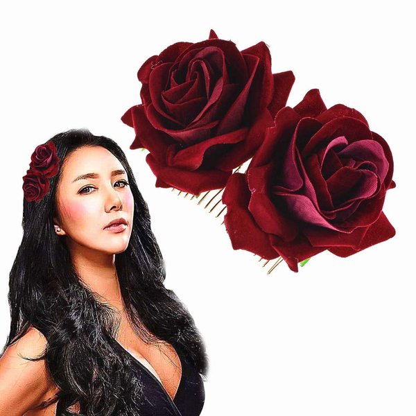 Rose Flower Hair Clip 3D Red Roses Flower Hair Accessories Side Comb Piece for Girls Women Bride Wedding Hair Clip Flamenco Dancer Hairpins Headwear Barrette Styling Tools Accessories,Wine Red
