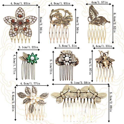 8 Pack Vintage Hair Side Combs for Women Decorative, INLAZYTIM Retro Gold Pearl Rhinestone Metal Hair Comb Clips with Teeth Grip Crystal Bridal Hair Piece Pins for Wedding Accessories