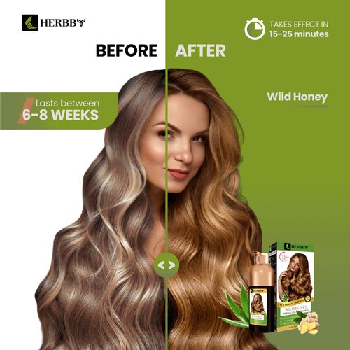 HERBBY Hair Color Shampoo for Gray Hair Coverage&Color Transform with 9 Herbal Extracts –Long Lasting (6-8 Weeks),Shiny,Evenly Colored,Instant Hair Dye Shampoo&Conditioner, 500 Ml (WILD HONEY COLOR)