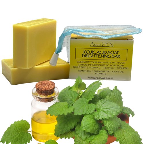 Kojic Acid Soap Lemon Turmeric Brightening Bar with Turmeric, Lemon Oil, Vitamin C+E, & Retinol | (2) BARS 3.5OZ EA + Soap Net | Premium Citrus Infused Kojic Acid Soap w/ Shea Butter & Olive Oil