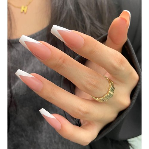 Artquee V French Tip Press on Nails Long Pink White Coffin Fake Nails Tips Glossy Full Cover Acrylic Nail Artificial Nail Art Reusable Stick on Nails Kit for Women - 30Pcs in 15 Sizes