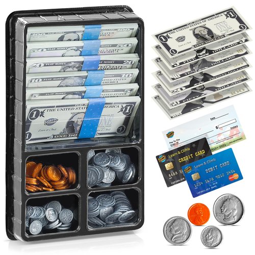 Play Money Set for Kids, Fake Money for Pretend Play – Looks Real, Best Toy Money for Play and Learning – Kit Includes: Bills, Coins, Credit Card, and Checkbook