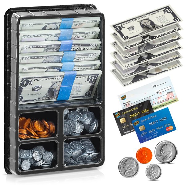 Play Money Set for Kids, Fake Money for Pretend Play – Looks Real, Best Toy Money for Play and Learning – Kit Includes: Bills, Coins, Credit Card, and Checkbook