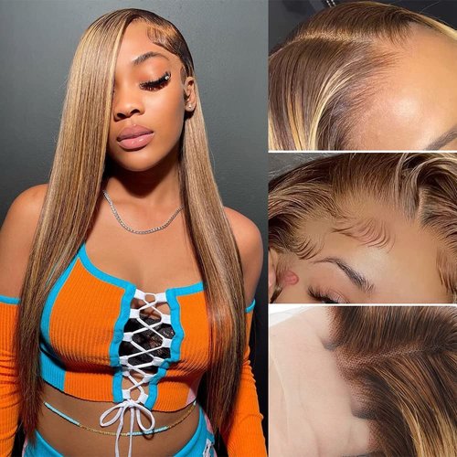 200% Density 13X6 Highlight Ombre Lace Front Wig Human Hair For Women Honey Blonde Straight Lace Front Wigs Human Hair With Baby Hair Glueless Lace Front Wigs Human Hair Pre Plucked Full And Thick