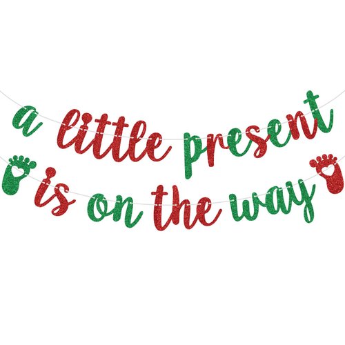 Red Glitter A Little Present is on the Way Banner, A Santa Baby is on the Way, Christmas Winter New Year Themed Baby Shower Party Decorations Supplies