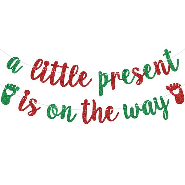 Red Glitter A Little Present is on the Way Banner, A Santa Baby is on the Way, Christmas Winter New Year Themed Baby Shower Party Decorations Supplies