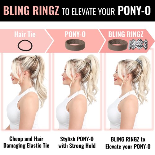 PONY-O and BLING RINGZ Set - Revolutionary Hair Tie Alternative Ponytail Holders - Brown Medium PONY-O with Stylish Silver Diamond BLING RINGZ