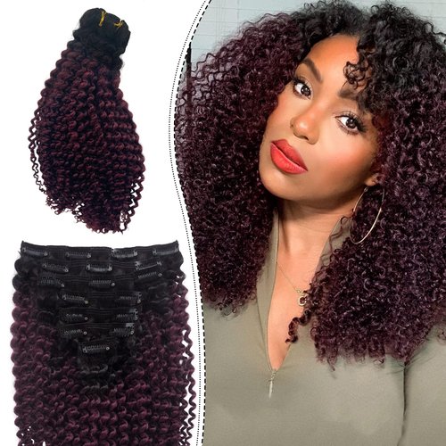 OiMiGO Curly Clip in Hair Extensions, Ombre Black Human Hair 3C 4A Kinky Curly Extensions for Black Women Black to Dark Wine Clip ins 7 Pieces 12 Inch 120g Brazilian Remy Human Hair Clip on Extensions