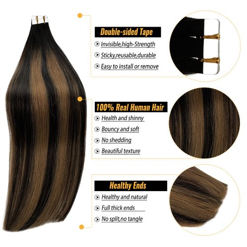 Tape in Hair Extensions Real Human Hair Ombre Natural Black to Honey Blonde Remy Human Hair Extensions 24 Inch 20pcs 50g Tape ins Hair Extensions Straight Seamless Tape in Extensions Full Thick Ends