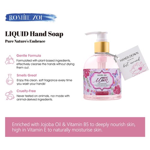 ROMIIE ZOI Mini Liquid Hand Soap for Mother's Day Gift Basket - Shabby Floral Design - Infused with Rose Scented Aroma - 260 ML / 8.7 FL OZ