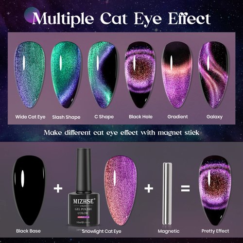 MIZHSE 9D Cat Eye Gel Nail Polish, 2 Colors Cyan and Purple Holographic Galaxy Cateye Magnetic Nail Polish Gel, Magic Cateye Manicure Nail Art Set 10ML