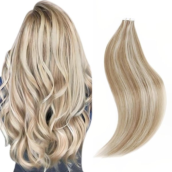 Sixstarhair Light Brown Highlights Tape In Hair Extensions Brown Mixed with Ash Blonde Seamless Straight Hair Extensions with Double Sided Tape, 16 Inch 50 Gram [Color P8-60#-16 inch]