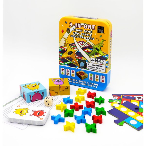 3-in-1 Family Game Set: Flight Game, Puzzle (20 pcs, 2-Sided Game Board), Card Game (24 Cards) and Board Game for Kids Ages 4-8.
