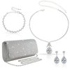 4Pcs Silver Clutch Formal Purse Bag Jewelry Set for Women Evening Handbags Bling Rhinestone Necklace Earrings Bracelet Clutches Set for Women(Bling Style)