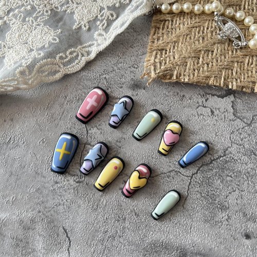 PRESSIFY Pop Art Press-On Nails Square, Comic Colorful Nails, Handmade nails with French Tip,Ballerina Shape Nails, Re-usable and Eco-friendly/Come with Glue Tabs / 10 pcs.(Medium)