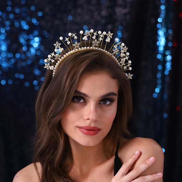 Urieo Star Halo Crown Gold Pearls Goddess Headband Stars Crystal Thin Tiara Hairhoops Festival Handmade Hair Accessories for Women