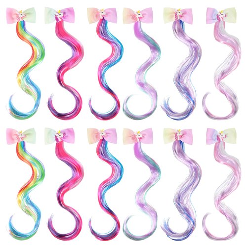 12 Pieces Unicorn Hair Clips Princess Curly Hair Extensions Unicorn Hair Accessories for Girls Rainbow Bows Extensions for Kids Halloween Cosplay Dress Hair Decoration, 6 Colors