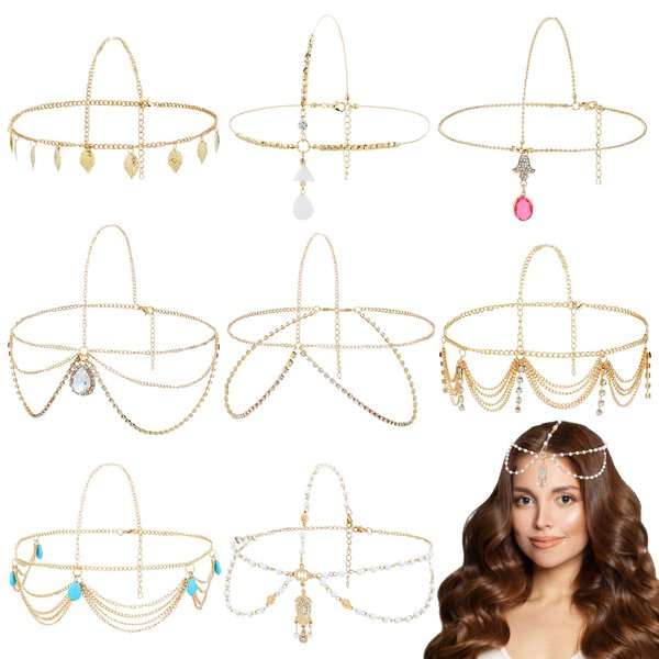 Dizila 8 Pieces Gold Head Chains with Leaf Bead Rhinestone Tassel Festival Prom Wedding Bridal Jewelry Boho Headbands Forehead Chains Headwear Headpieces for Women Girls