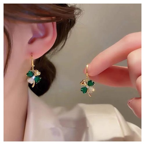 Sttiafay Boho Emerald Crystal Drop Earrings Green Rhinestone Flower Earrings Vintage Emerald Petal Earrings Green Cz Flower Earrings Jewelry for Women and Girls
