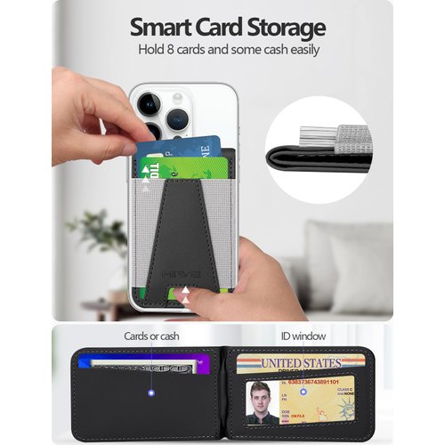 HiWe for Magsafe Wallet, Magnetic Wallet with Adjustable Stand, Eiffel-Tower Magsafe Wallet Stand for iPhone 16/16 Pro/15/14/13/12 Series, Open ID Window, 8 Card Holder, Vegan Leather, Black