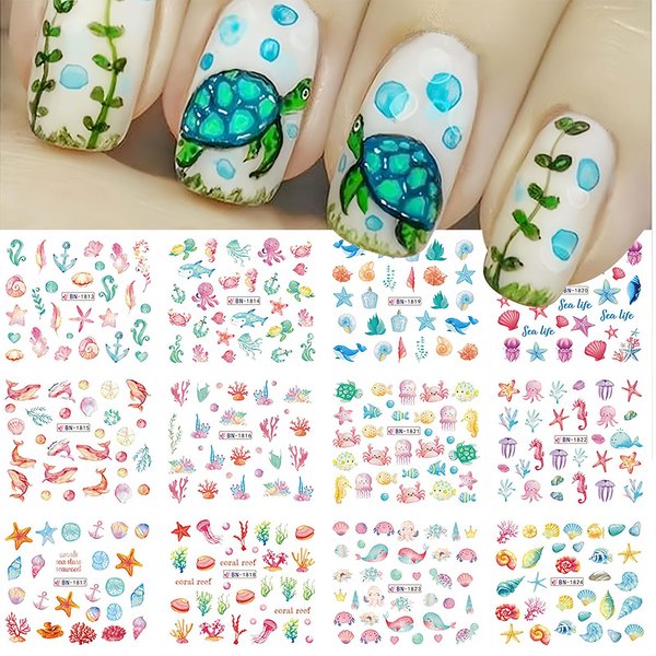 Ocean Nail Art Stickers Decals Summer Sea Nail Art Supplies Water Transfer Shell Crab Starfish Turtle Whale Seaweed Design Cute Cartoon Nail Accessories DIY for Women Girls 12 Sheets