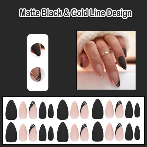 ANDGING Matte Black Press on Nails Almond Short Medium French Tip Fake Nails with Gold Line Design Acrylic Gel Glue on Nails for Wedding Birthday Manicure Stick on Nails with Glue False Nails LPP687