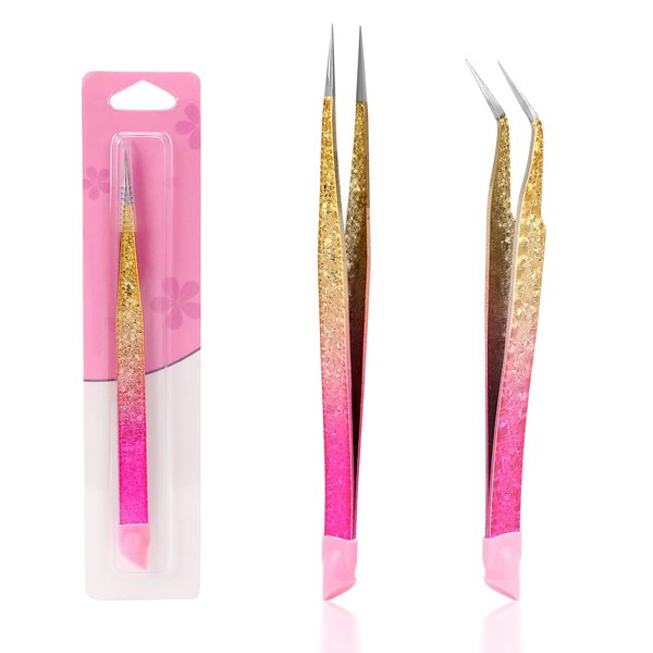 Double Ended Nail Art TweezersCurved,2Pcs Tweezers, Eyelash Tweezers, Straight Fine Tip Tweezers for Women with Silicone Pressing Tips, Suitable for Nail Art, Diamond Painting, Hair Removal, Jewelry