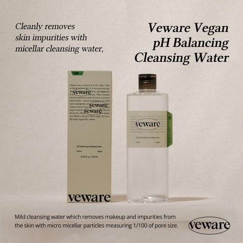 Veware Vegan pH Balancing Cleansing Water Micellar water 100% Vegan Formula Make up remover, For Soothing and Moisturizing Cleansing, Unscented, Hypoallergenic 500ml 16.90 fl.oz.