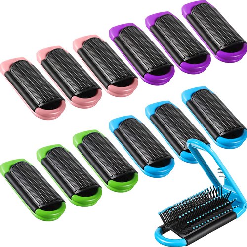 Queekay 12 Pcs Travel Hair Brush Portable Folding Hair Brush with Mirror, Mini Compact Hair Comb Collapsible Pocket Brush for Family Travel Purse Gift (Purple, Pink, Blue, Green)