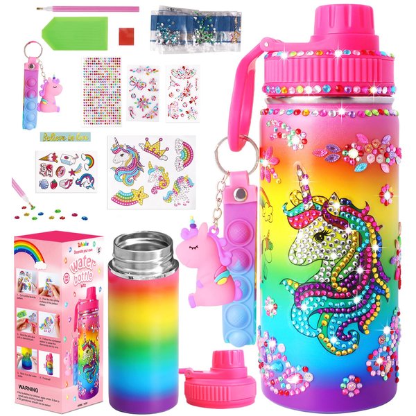 Wninbu Decorate Your Own Water Bottle Kits for Girls,Stainless Steel Unicorn Water Bottle Girls,Arts and Crafts Ages 4-6-8-10,Gem Art Unicorn Toys Gifts Birthday Christmas Stocking Stuffers (Unicorn)