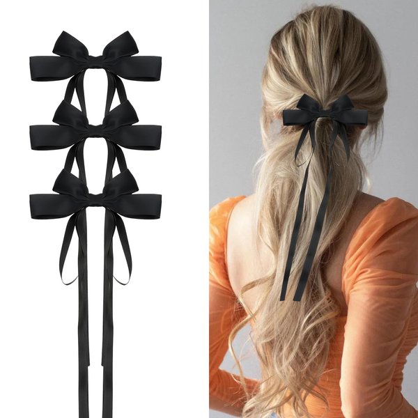Araluky 3 Pacs Double Bow Hair Clips With Long Ribbon for Girls Women Kids Black Hair Bows Solid Satin Ribbon Bows for Hair Accessories for Teens Hair Clips Barrettes Tassel Bow Hair Clips