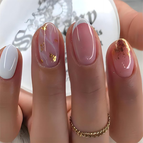 Rchovsam White French Press on Nails Short Round False Nails Pink Marble Press Ons Gold Glitter Acrylic Design Fake Nails Glue on Nails Full Cover Gel Nails for Glirs 24pcs