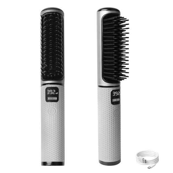 B.ZSSY Portable Hair Straightener Brush, Cordless Flat Iron Brush for Hair Smooth, USB Rechargeable, Fast Heating, Anti-Scald