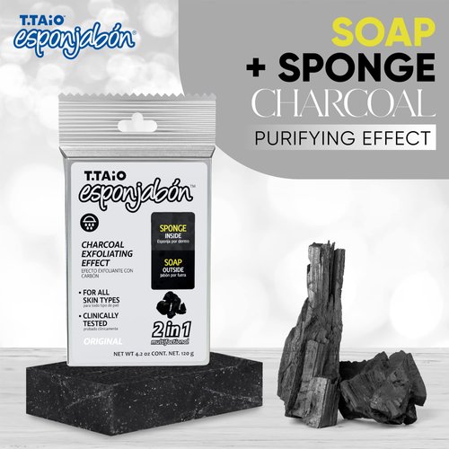 T.Taio Esponjabon Charcoal Soap Sponge - Cleansing Shower Scrubber - Cleaning Bath Wash Scrub - Oil Removal - Massage & Lather Foot, Elbow, & Face - Bathroom Accessories - Charcoal