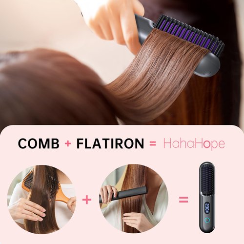Cordless Hair Straightener Brush-Portable Straightening Comb,9600mAh Batt, Plasma Tech, 9 Temp-Settings&LED Display,for Travel&Home (Metallic Grey)