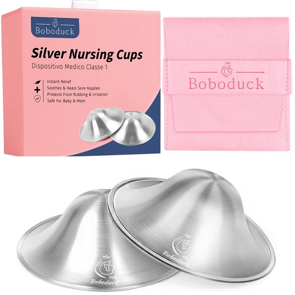 Boboduck The Original Silver Nursing Cups - 999 Silver Nipple Covers Breastfeeding - Protect and Soothe Sore Nipples - Breastfeeding Essentials Silver Nipple Guards with Soft Silicone Ring (Regular)