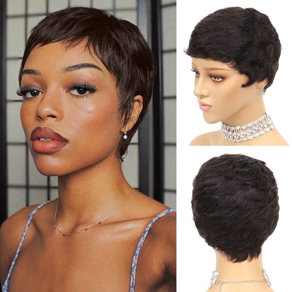 VRVogue Short Human Hair Pixie Wigs Pixie Cut Short Black Wavy Wigs Layered Short Human Hair Wigs for Black Women (Pixie Cut Wigs, 2#)