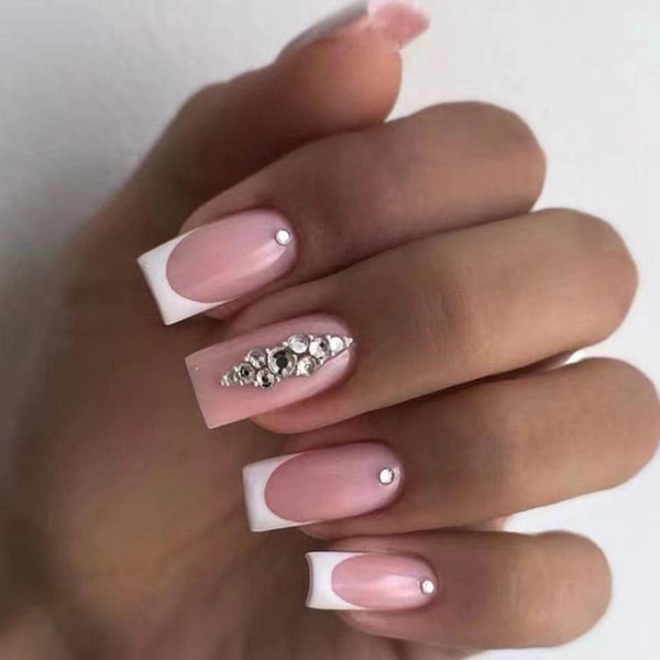 Foccna French Tip Press on Nails Medium, White Fake Nails Square Acrylic False Pink Nails,Artificial Rhinestone Nails for Women and Girls 24 pcs