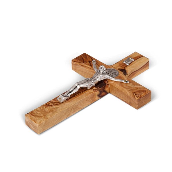Wooden Wall Cross, St Benedict Crucifix, Made of Olive Wood in Bethlehem, Christian Spiritual Religious Gift protects from curses evil and vice. Size: 6 X 3.7” "