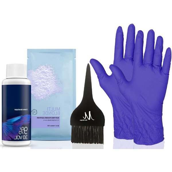 Blondor Multi Blonde Lightening Powder Blondor Bleach Powder 30 grams, Welloxon Perfect Developer Koleston Perfect Developer 20 Volume 2 oz, Pair of Gloves and M Hair Designs Tint Brush Black (Bundle)